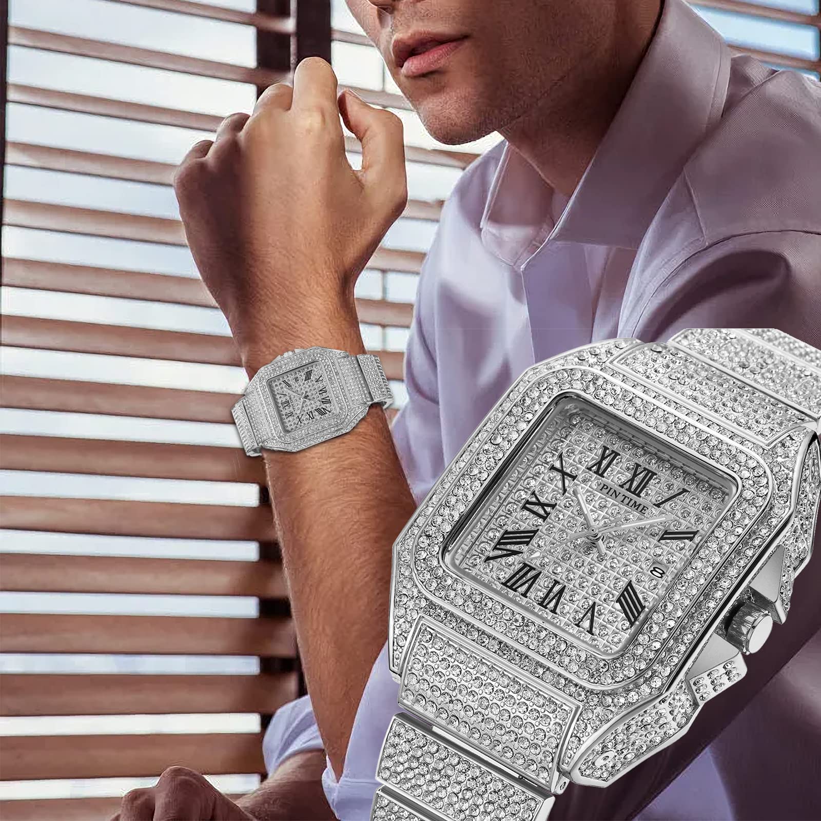 PINTIME Mens Full Iced Out 43mm Big Face Bling Luxury Crystal Square Watches Fashion Hip Hop Jewelry Watch for Men
