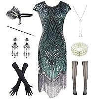 Letter Love Womens Vintage Lace Fringed Gatsby 1920s Cocktail Dress with 20s Accessories Set