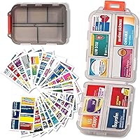Pill Organizer with Medicine Labels Travel Daily Pill Container Mini Medication Organizer Storage Pill Organizer Travel Essentials Pill Case 7 Day Pill Organizer(Grey & 146 Lables)