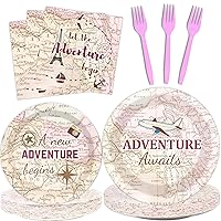 96 PCS Bon Voyage Party Decorations Adventure Awaits Plates Napkins Forks Travel Themed Party Tableware Set for Graduation Retirement Going Away Farewell Party Birthday Supplies 24 Guests