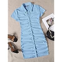 Summer Dresses for Women 2022 Collared Buttoned Front Rib-Knit Dress Dresses for Women (Color : Baby Blue, Size : Large)