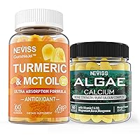 NEVISS Sugar Free Turmeric Curcumin Gummies + Marine Algae Calcium Supplement 600mg, High Absorption, Vegan