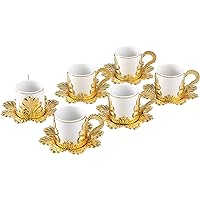 LaModaHome Turkish Coffee Cups with Saucers Set of 6, Porcelain Turkish Arabic Greek Coffee Cup and Saucer, Coffee Cup for Women, Men, Adults, Guests, New Home Wedding Gifts - Gold/White Color