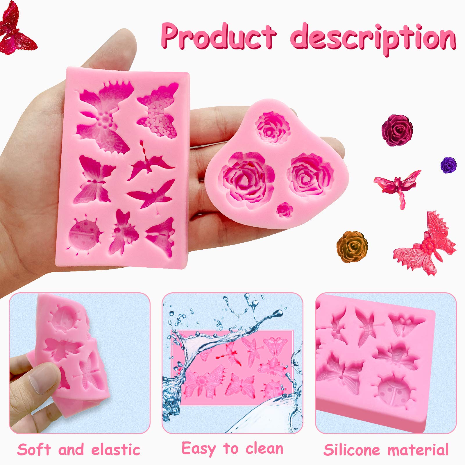 6 Pack Fondant Molds, Mini Flower Mold Butterfly Molds Leaf Mold, Rose Clay Molds Pink Polymer Clay Molds, Non-stick Silicone Molds for Cake Decorating - Butterfly/Rose/Leaves