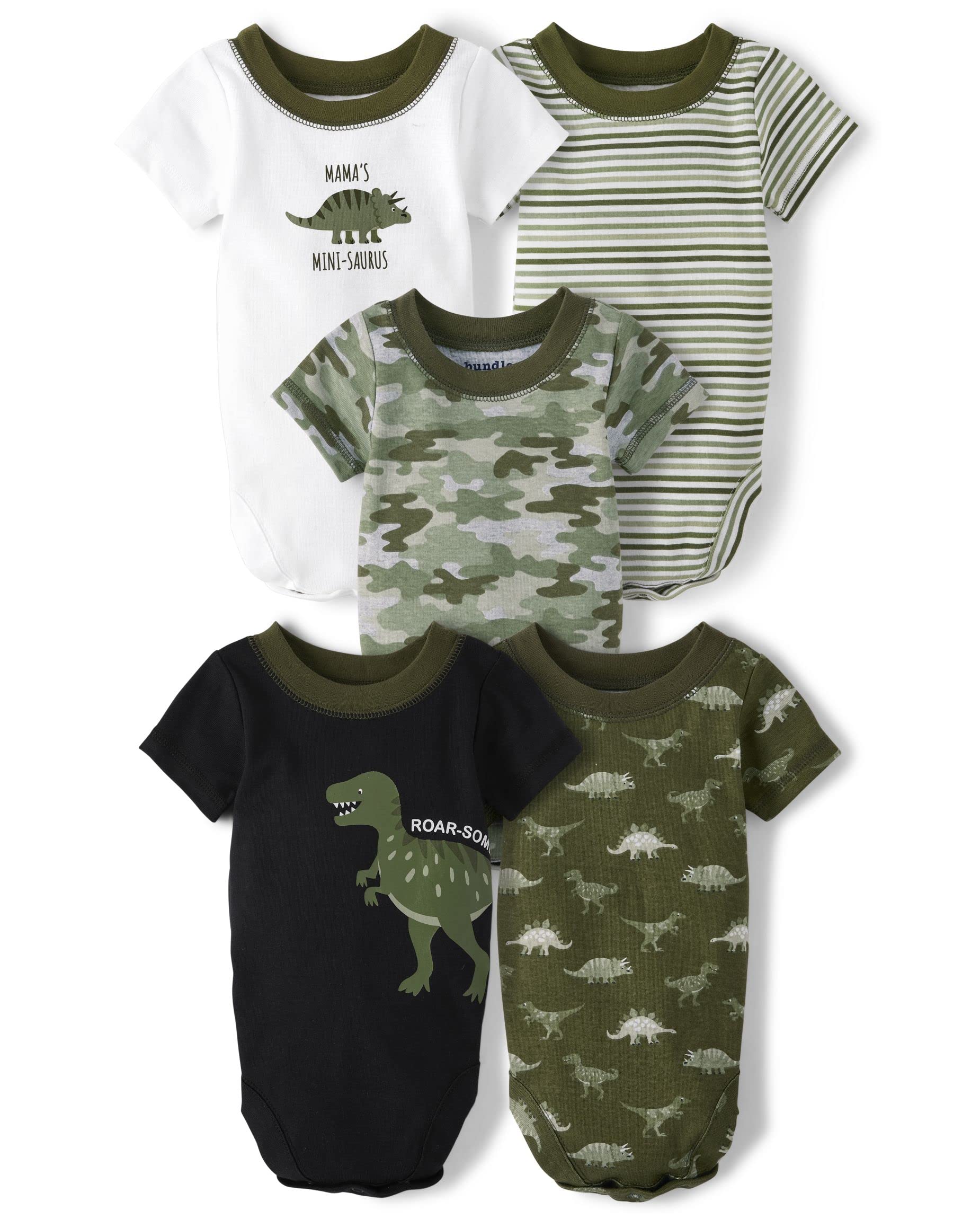 The Children's Place Baby Long Sleeve 100% Cotton Onesie Bodysuits 5-Pack, Black Dino/Green Camo/Green Striped/Olive Dino 5 Pack, 9-12 Months