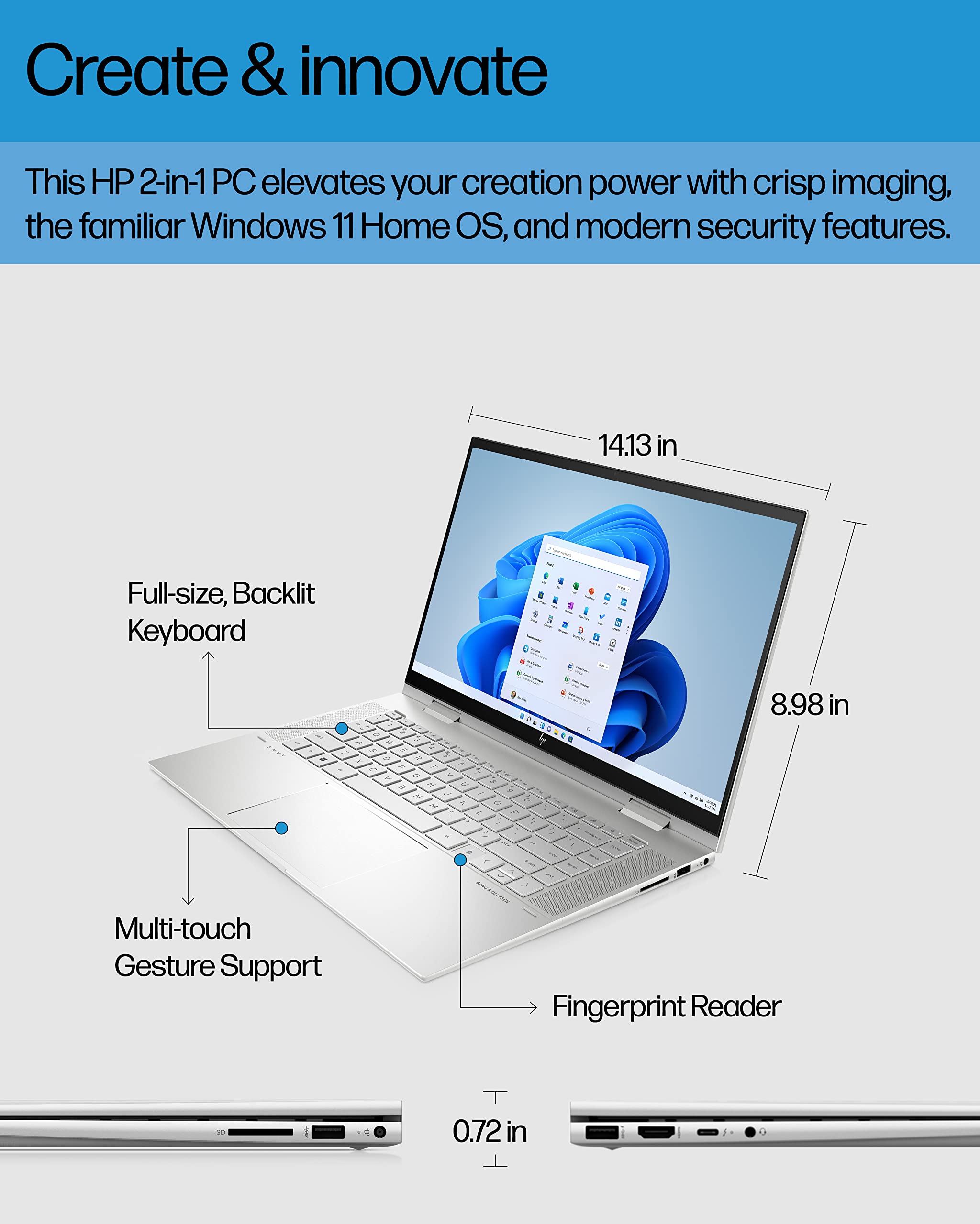 HP Envy x360 Convertible, Intel® Core i5-1240P Processor, Iris X Graphics, 12 GB Memory RAM, M.2 SSD, Windows 11 Home (15-es2023nr, Natural Solver Aluminum)
