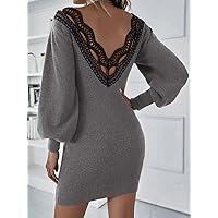 Sweater Dress for Women Guipure Lace Panel Lantern Sleeve Sweater Dress Sweater Dress for Women (Color : Gray, Size : Small)