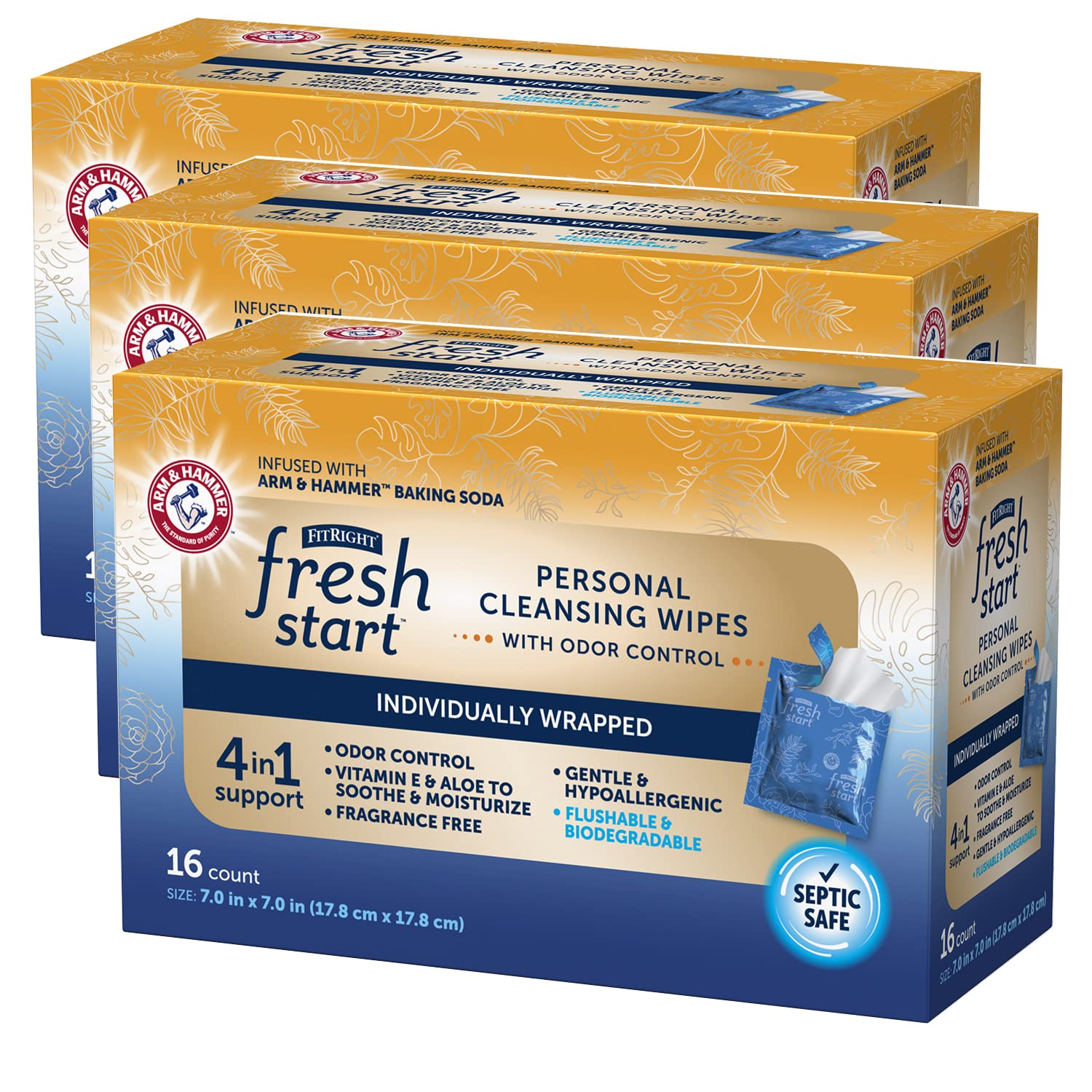 FitRight Fresh Start On-The-Go Flushable Wipes (48 Count), Personal Cleansing Wipes, Individually Wrapped Sachets for Urinary Incontinence with The Odor-Control Power of ARM & Hammer Baking Soda