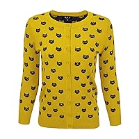 YEMAK Women's Knit Cardigan Sweater – 3/4 Sleeve Button Down Crewneck Cute Cat Dog Pattern Casual Lightweight Knitted Top