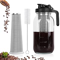 Cold Brew Coffee Maker, 64 oz Wide Mouth Mason Jar Pitcher with Stainless Steel Filter, Pour Spout Handle Lid, Heavy Duty Glass Airtight & Leak-Proof Pitcher for iced coffee & Tea Lemonade