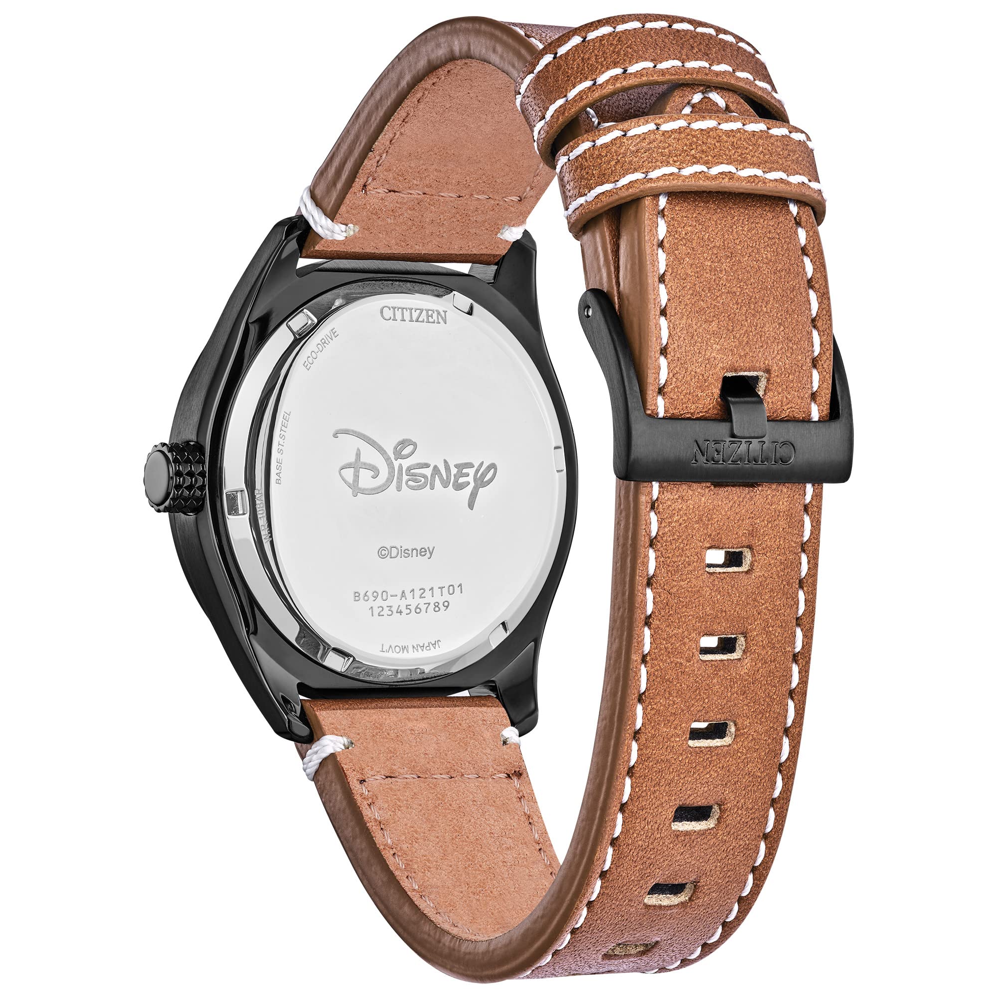 Citizen Men's Eco-Drive Disney Mickey Mouse Baseball Watch, Black IP Stainless Steel with Brown Leather Strap.43mm (Model: BV1089-05W)