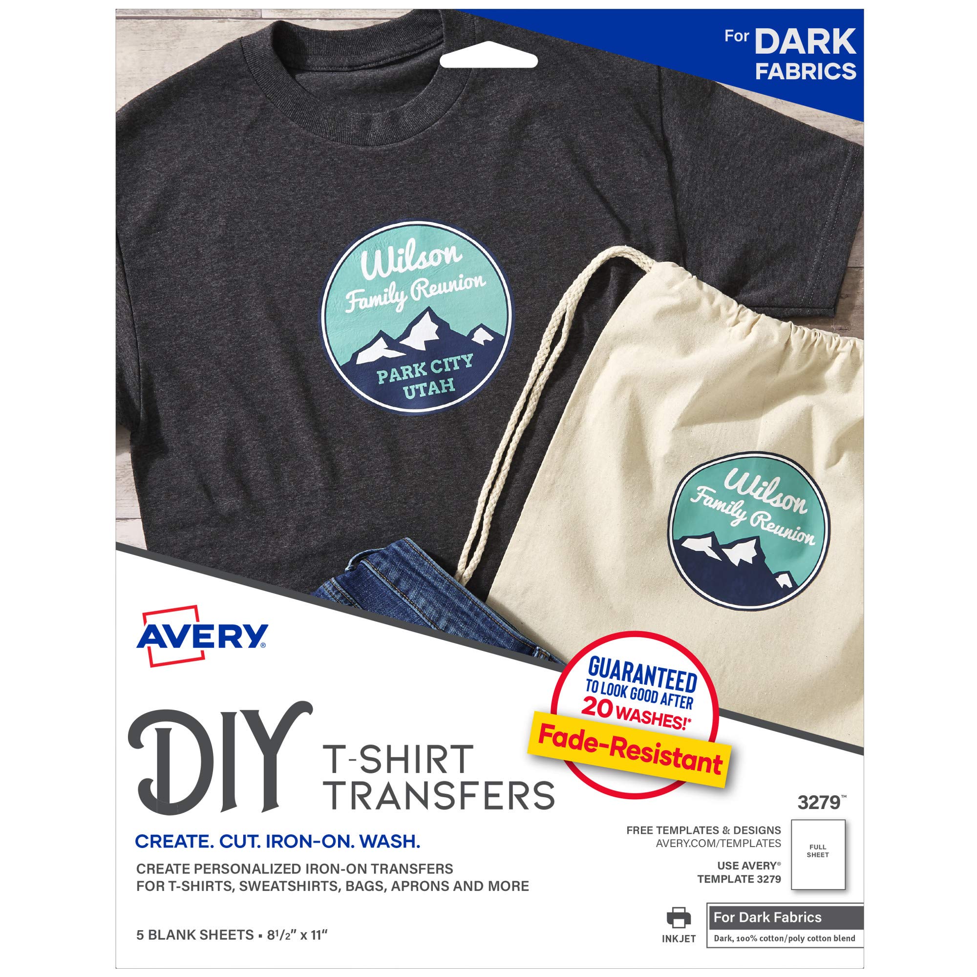 Avery Printable T-Shirt Transfers, For Use on Dark Fabrics, Inkjet Printers, 5 Paper Transfers (3279)