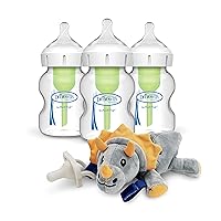 Dr. Brown’s Natural Flow® Anti-Colic Options+™ Wide-Neck Glass Baby Bottles 5 oz/150 mL, with Level 1 Slow Flow Nipple, 3 Pack & Triceratops Lovey with HappyPaci Pacifier, 0m+