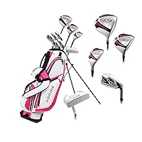 X1 Ladies Womens Complete Right Handed Golf Clubs Set Includes Titanium Driver, S.S. Fairway, S.S. Hybrid, S.S. 6-PW Irons, Putter, Stand Bag, 3 H/C's Cherry Pink