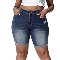 Gboomo Womens Plus Size Jean Shorts High Waisted Stretchy Bermuda Denim Shorts Casual Folded Hem Short Jeans 8.7 Inseam
