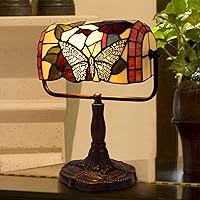 Tiffany Style Bankers Lamp-Stained Glass Butterfly Design Table or Desk Light LED Bulb Included-Vintage Look Colorful Accent Decor by Lavish Home
