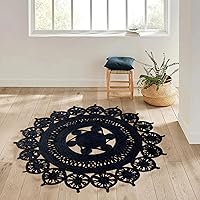 Collection Circle Area Rug - 5 x 5 Ft' Black Geometric Pettern Jute Mat Ideal for High Traffic Area in Hallway Bedroom Living Room Dining Room Kitchen Terrace Yoga Mat