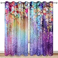 Purple Flower Floral Blackout Curtains Colorful Flowers Spring Summer Decor for Women Kids Girls Bedroom Living Room Darkening Grommet Window Drapes 2 Panels, 52