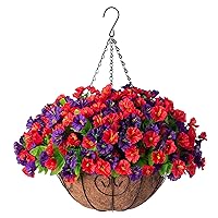 Artificial Hanging Flowers in 12 inch Basket, Faux Silk Petunias Flower Arrangement,Coconut Lining with Morning Glories Fake Plants Patio Garden Porch Deck Spring Decor(Purple and Red)