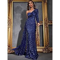 Summer Dresses for Women 2023 One Shoulder Draped Side Split Thigh Sequin Formal Dress (Color : Royal Blue, Size : X-Small)