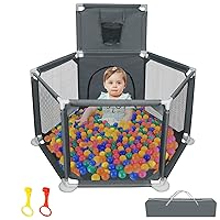 Ball Pit for Babies and Toddlers, Portable Ball Pit Balls with Gate for Indoor & Outdoor Playpen with Breathable Mesh, Anti-Slip Base, Infant Playard with Basketball Hoop, Gray(Not Includes Balls)