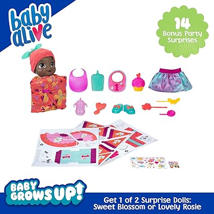 Baby Alive Baby Grows up (Sweet) Sweet Blossom or Lovely Rosie,Growing and Talking English Spanish Baby Doll with Bonus 14 Surprises Pack