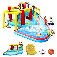 Inflatable Water Park with Blower,Inflatable Water Park with Splash Pool & Water Slides & Climbing Wall & Basketball & Football,Backyard Playground Summer Party Gifts for Summer -177x137x94.4inch