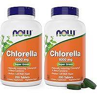 Now Chlorella 1000mg Tablets - 200 Count (Pack of 2) - Natural Occurring Chlorophyll, Beta-Carotene - Non-GMO, Vegan - Green Super Food Supplement for Women and Men