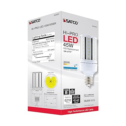 Satco S49393 Corncob LED HID Light Bulb, Mogul Extended Base, 45W, 35000 Hour Rating, 6210L, Natural Light