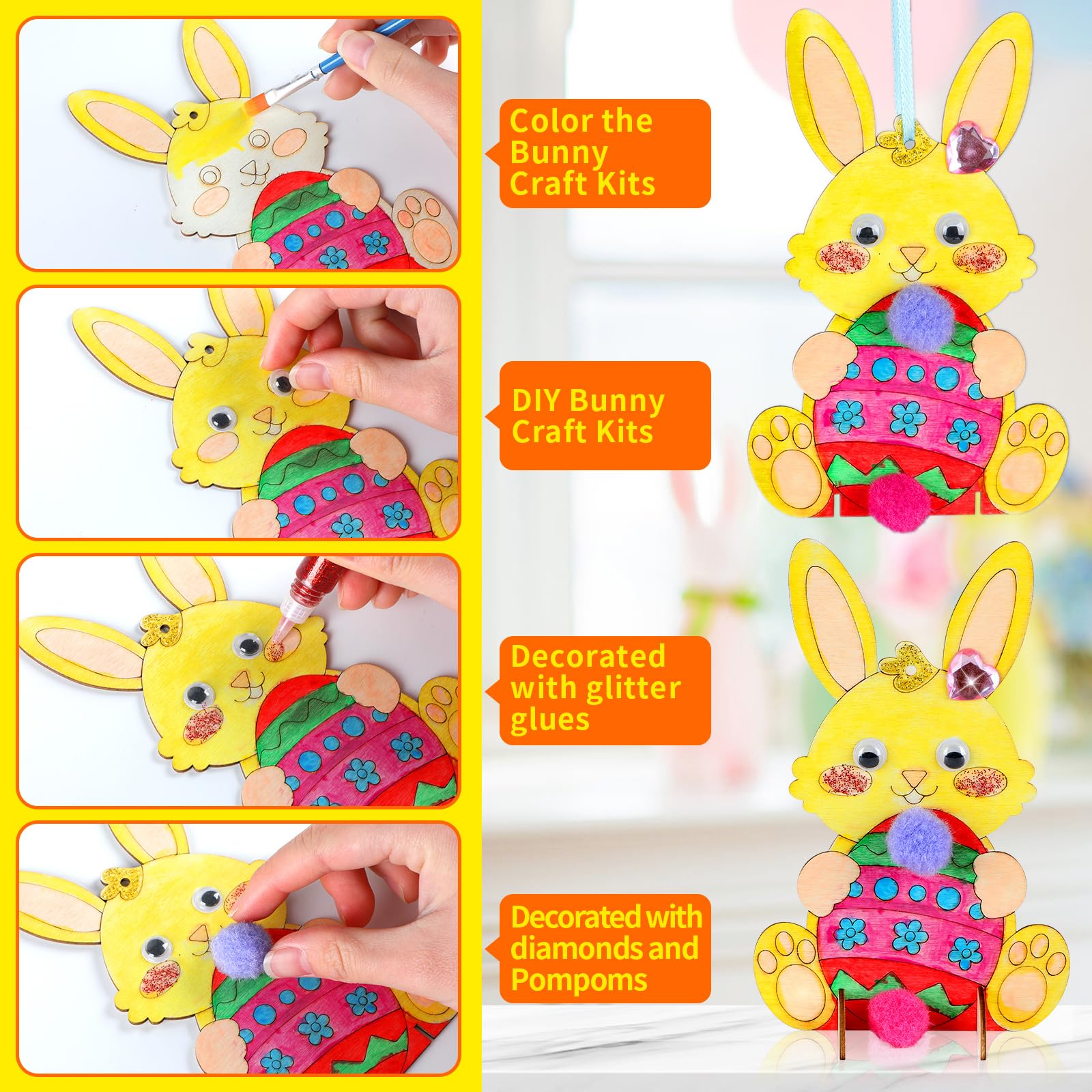 QOUBAI 36 Pack Easter Unfinished Wood Crafts for Kids DIY Coloring Easter Bunny Cutout DIY Easter Hanging Rabbit Wood Arts Crafts Ornaments for Party Favors Activities Gifts Spring Home Decorations