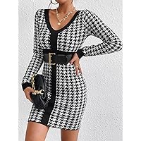TLULY Sweater Dress for Women Houndstooth Pattern Contrast Trim Sweater Dress Without Belt Sweater Dress for Women (Color : Black and White, Size : Large)