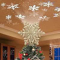 DG-Direct Christmas Tree Topper Lighted with Golden Snowflake Projector, Led Rotating Magic Snowflake, 3D Hollow Glitter Lighted Gold Snow Tree Topper for Christmas Tree Decorations