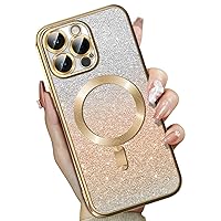 Magnetic for iPhone 15 Pro Case Glitter [Compatible with Magsafe], Full Camera Lens Protection & 2X Screen Protector, Luxury Plating Bling Soft Shockproof Slim Phone Case for Women, Gold