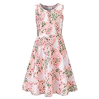 uideazone Girls Sleeveless Dress Round Neck Floral Printed Sundress for Casual Home Party Beach 4-12 Years
