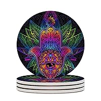 Hamsa Hand Mandala Sun Ceramic Coasters with Cork Bottom Absorbent Drink Coasters Housewarming Gifts for New Home Round 4 Inches 4PCS