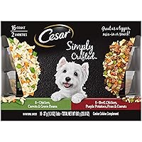 CESAR SIMPLY CRAFTED Adult Wet Dog Food Meal Topper, Chicken, Carrots & Green Beans and Beef, Chicken, Purple Potatoes, Peas & Carrots Variety Pack, 1.3 oz., Pack of 16