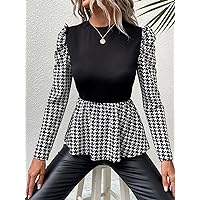 Women's Shirts Women's Tops Shirts for Women Houndstooth Puff Sleeve Peplum Top (Color : Black and White, Size : Large)