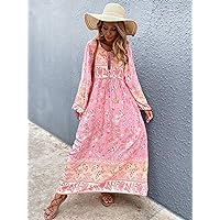 Women's Dresses Casual Wedding Floral Print Tie Neck Smock Dress Wedding Guest (Color : Pink, Size : Small)