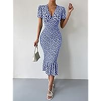 Floral Print Ruffle Hem Shirred Dress (Color : Blue and White, Size : XS)