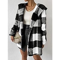 Women's Casual Jacket Fashion Beauty Buffalo Plaid Pattern Hooded Flannel Coat Unique Comfortable Charming Lovely (Color : Black and White, Size : Medium)