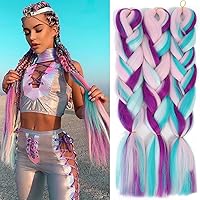 Colorful Jumbo Braiding Hair 24 Inch 3pcs Fiber Mix 4 Tone Colorful Twist Braiding Hair Rainbow Colors Extensions Synthetic Hair(Purple/cyan blue/Light Cyan/Light Pink)