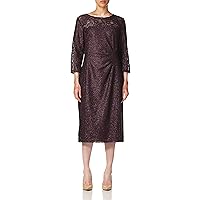 Tahari ASL Women's Plus Size Long Sleeve Lace Dress with Side Ruching, Plum, 14W