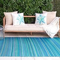 Outdoor Rug - Waterproof, Fade Resistant, Crease-Free - Premium Recycled Plastic - Striped - Patio, Porch, Deck, Balcony, Sunroom - Cancun - Turquoise & Moss Green - 5 x 8 ft