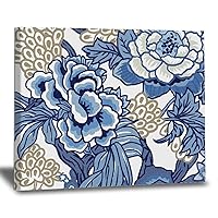 WoGuangis Blue and Tan Chinoiserie Peony Flower Artworks Vintage Asian Style Peony Floral Canvas Wall Art Print Japanese Asian Style Posters Wall Hanging Decoration for Living Room 12x16in