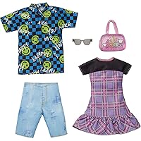 Barbie Ken Fashions 2-Pack Clothing Set, 1 Outfit & Accessory for Barbie Doll: Plaid Dress & Purse, 1 Outfit & Accessory for Ken Doll: Smiley Face Dress Shirt & Denim Shorts, for Kids 3 to 8 Years