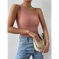 Women's Sweaters Women's Sweaters Fall Asymmetrical Neck Ribbed Knit Top Cute Women's Sweaters (Color : Dusty Pink, Size : X-Large)