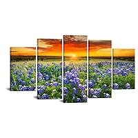 Nachic Wall Large 5 Piece Sunset Picture Wall Art Beautiful Texas Bluebonnets Field Photo Painting on Canvas Modern Natural Landscape Poster Artwork for Home Living Room Decorations Ready to Hang