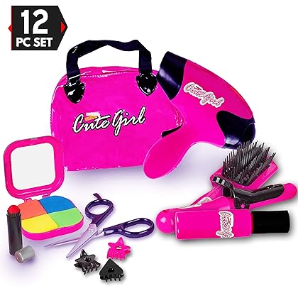 Big Mo's Toys Kids Beauty Salon Set, Stylish Girls Beauty Fashion Pretend Play Toy with Cosmetic Bag, Hairdryer, Curling Iron, Blush Pallet with Mirror, Lipstick & Styling Accessories, 12 Piece Set