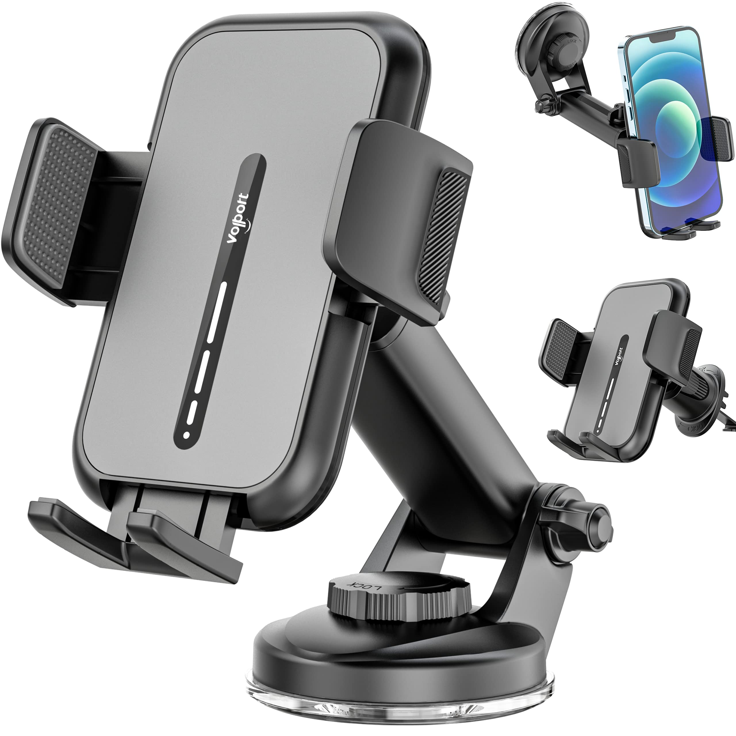volport Cell Phone Mount for Car [Universal for iPhone Wallet & Thick Case] Military Suction Car Phone Holder for Dashboard & Windshield, Air Vent Clip with Deep Wide Clamp for Big Heavy Cellphone