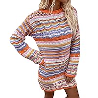 Cotton Summer Dresses for Women 2024 White,Women Sweater Dress Rainbow Striped Long Sleeve Loose Crochet Stripe